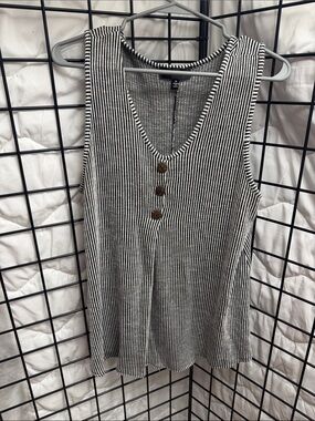 Women’s Black & White Striped Sleeveless Button Tank